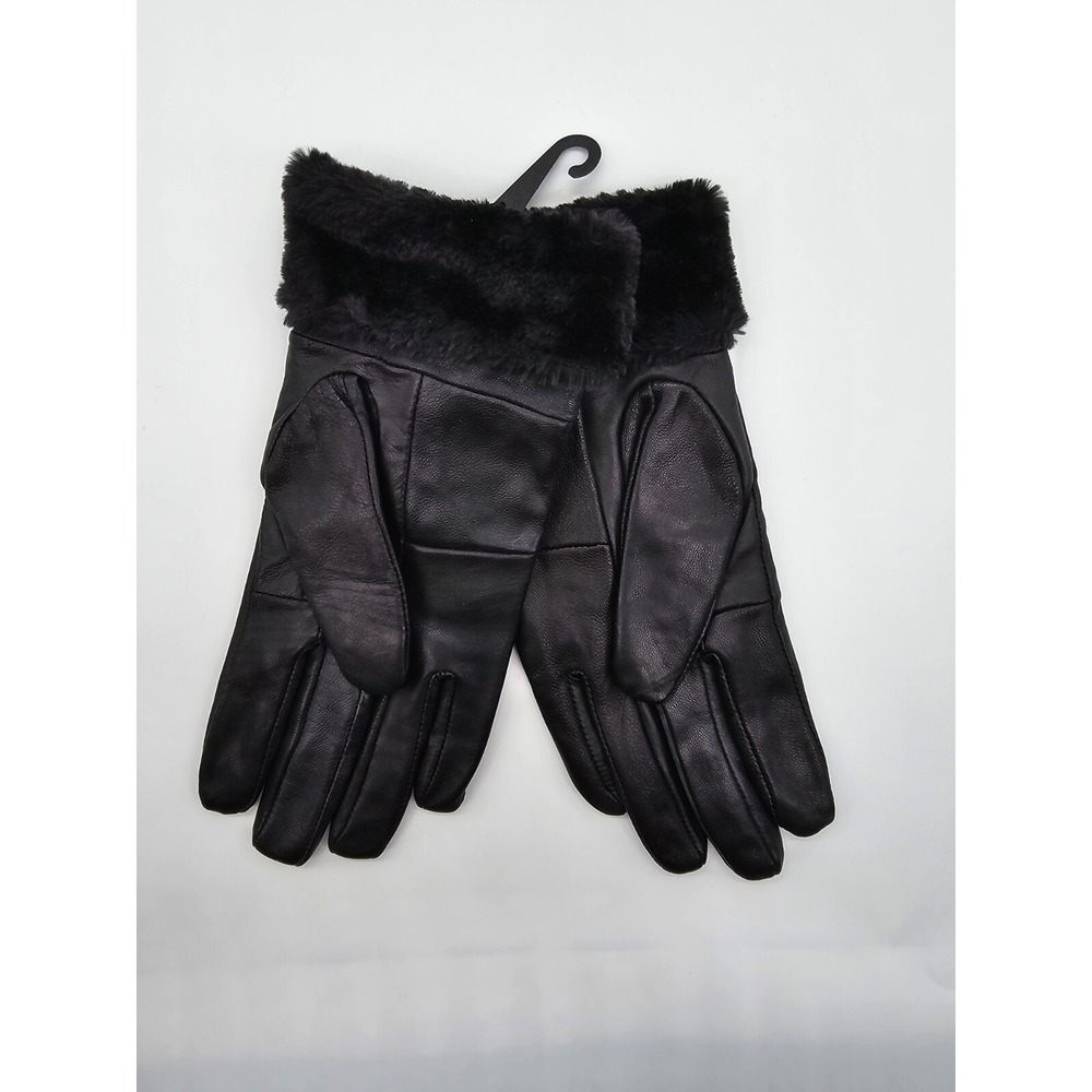 NYA Womens Black Genuine Leather Winter Gloves Faux Fur Trim Warm Size M/L NWT
